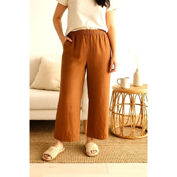 Felina M Linen Blend Wide Leg Cropped Pants High-Rise Elastic Waist Lightweight - Picture 1 of 12